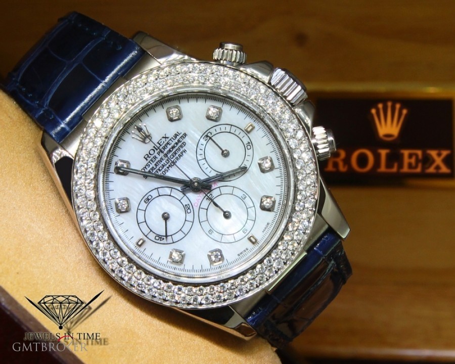 Rolex Daytona 18k White Gold MOP Diamond Blue Strap Watc 16519 431525