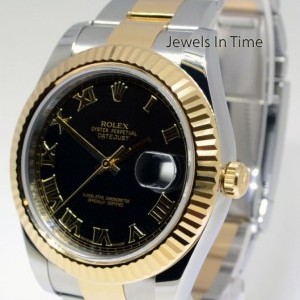 Rolex Datejust II 18k Gold  Steel Black Roman Dial Mens 116333 354435