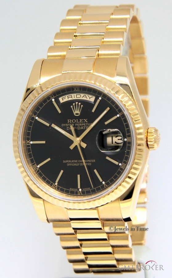 Rolex Day-Date President 18k Yellow Gold Black Dial Mens 118238 245951