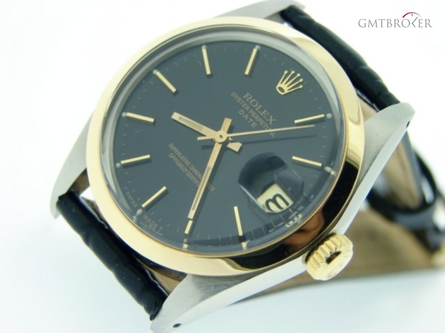 Rolex Mens  Date 2tone 14k GoldSS Leather Watch wBlack D 1500 247251