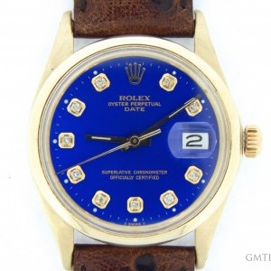 Rolex Mens  14k Yellow Gold Date Leather Watch wBlue Dia 1503 210845