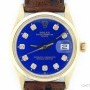 Rolex Mens  14k Yellow Gold Date Leather Watch wBlue Dia