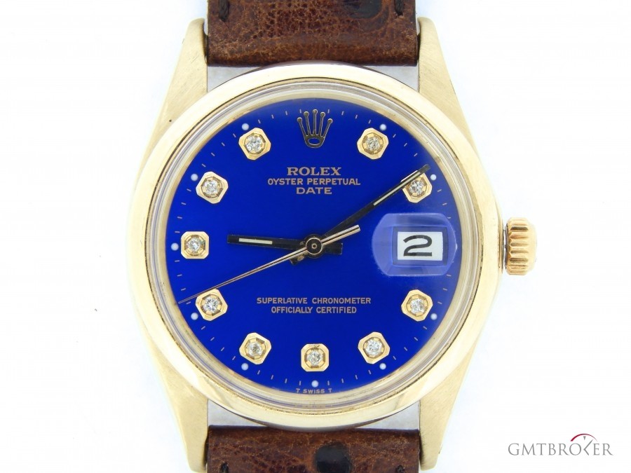 Rolex Mens  14k Yellow Gold Date Leather Watch wBlue Dia 1503 210845