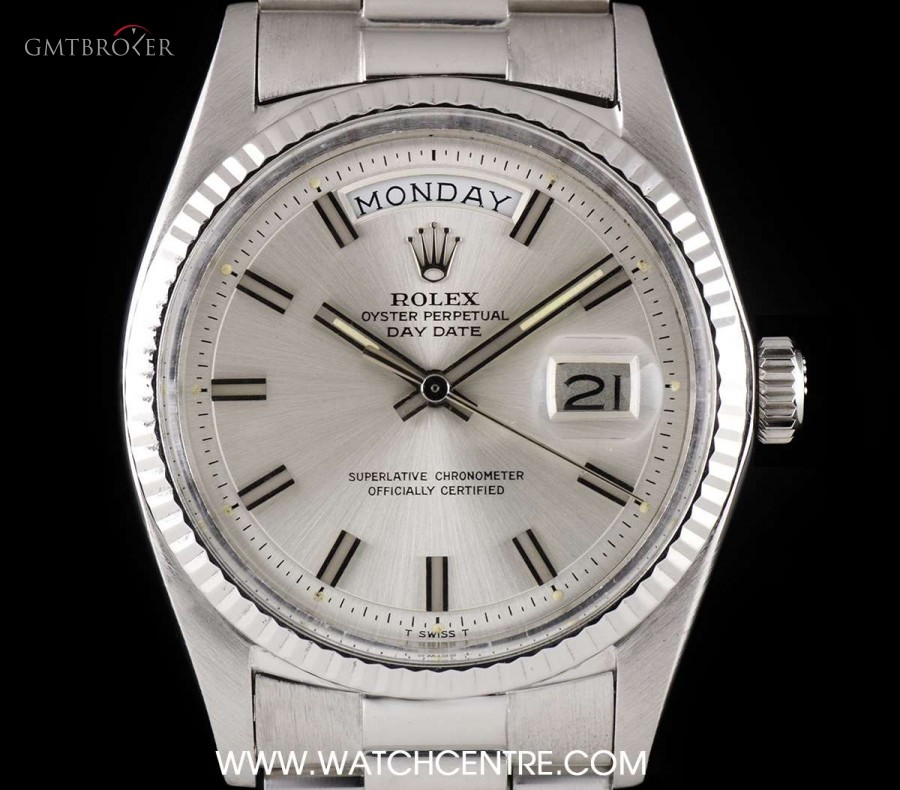 Rolex 18k White Gold Silver Wide Boy Baton Dial Day-Date 1803 757825