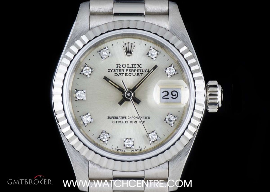 Rolex 18k White Gold Silver Diamond Dial Datejust Ladies 69179 740359