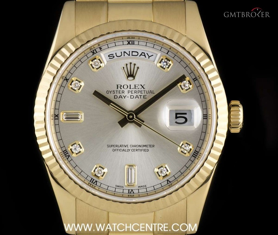 Rolex 18k Yellow Gold OP Silver Diamond Dial Day-Date 11 118238 729547