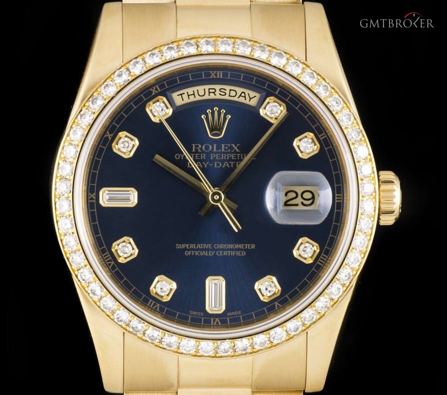 Rolex Day-Date 18k Yellow Gold Blue Dial Diamond Set BP 18348 795462