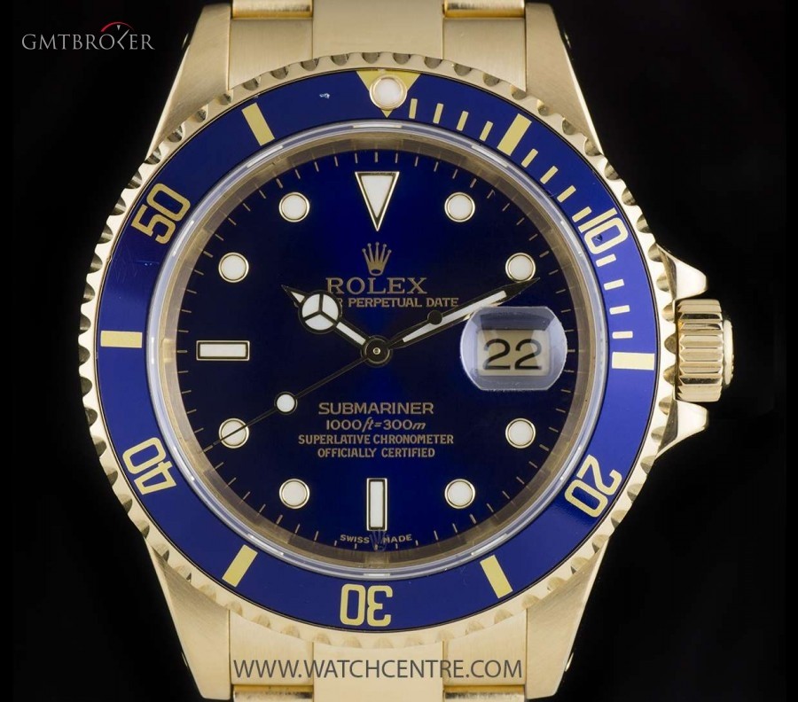Rolex 18k Yellow Gold OP Blue Dial Submariner Date Gents 16618 724879