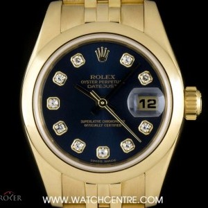 Rolex 18k Yellow Gold Blue Diamond Dial Datejust Ladies 69178 743645