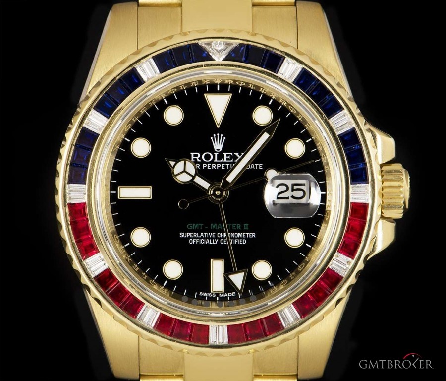 Rolex Rare GMT-Master II 18k Yellow Gold Black Dial Diam 116748SARU 848792